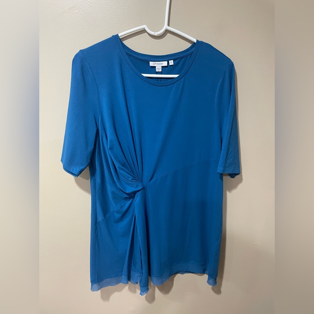 Chico's Blue Short Sleeve Gathered Top